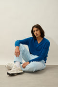 Jersey de cuello en V - Agel - Azul jaspeado