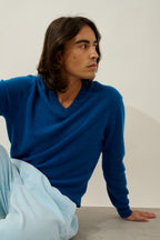 Jersey de cuello en V - Agel - Azul jaspeado