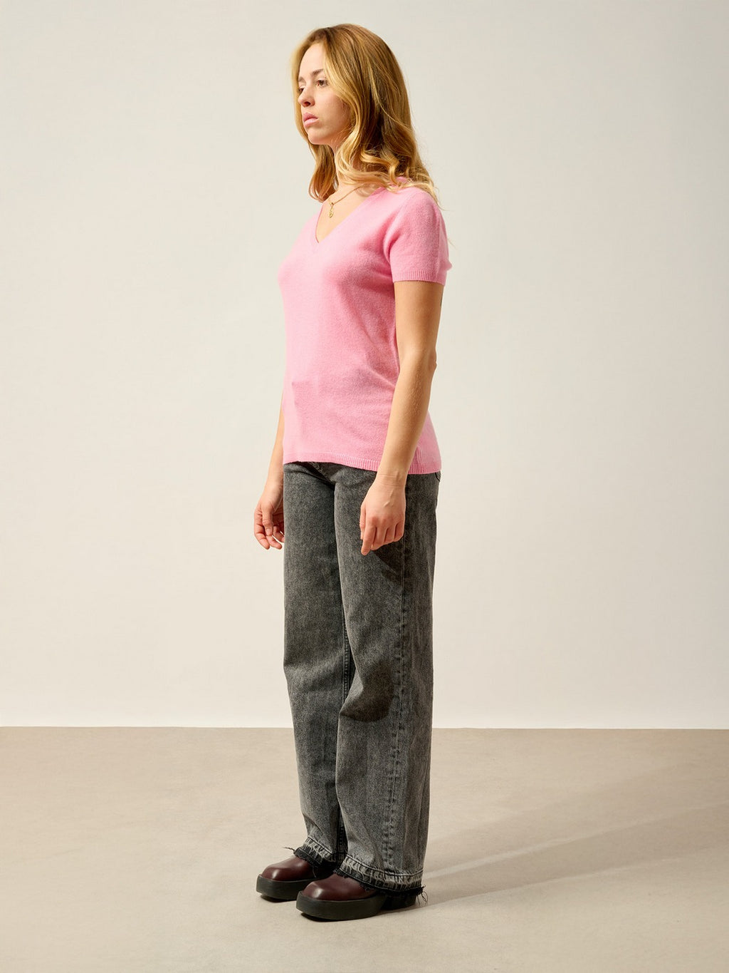Camiseta de cuello en V Kali - 100% cachemira, 2 hilos - Rosa caramelo - Mujer