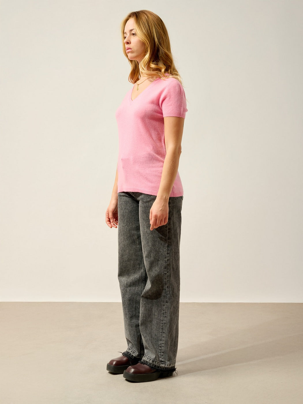 Camiseta de cuello en V Kali - 100% cachemira, 2 hilos - Rosa caramelo - Mujer