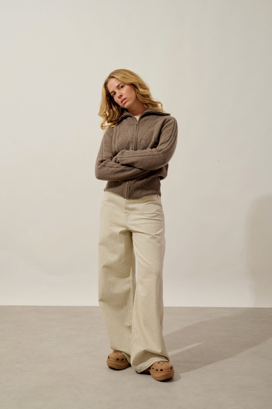 Antigo 4-Ply Zip-Up Funnel Neck Cardigan - Heather Taupe - Women