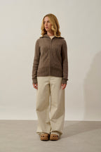 Antigo 4-Ply Zip-Up Funnel Neck Cardigan - Heather Taupe - Women
