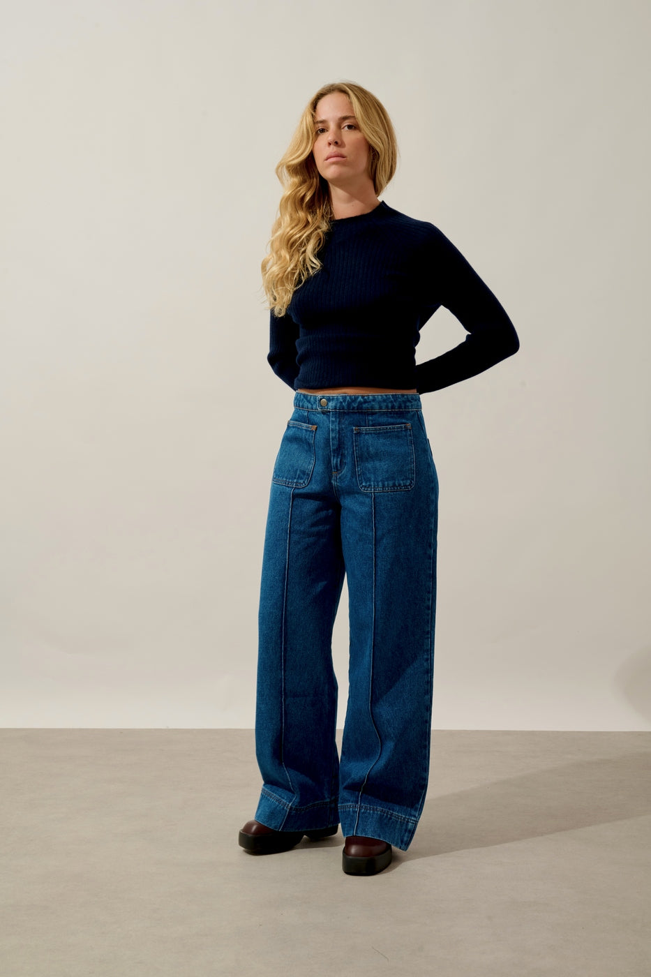 Pull Col Montant Boutons Poignets - Assia - Navy