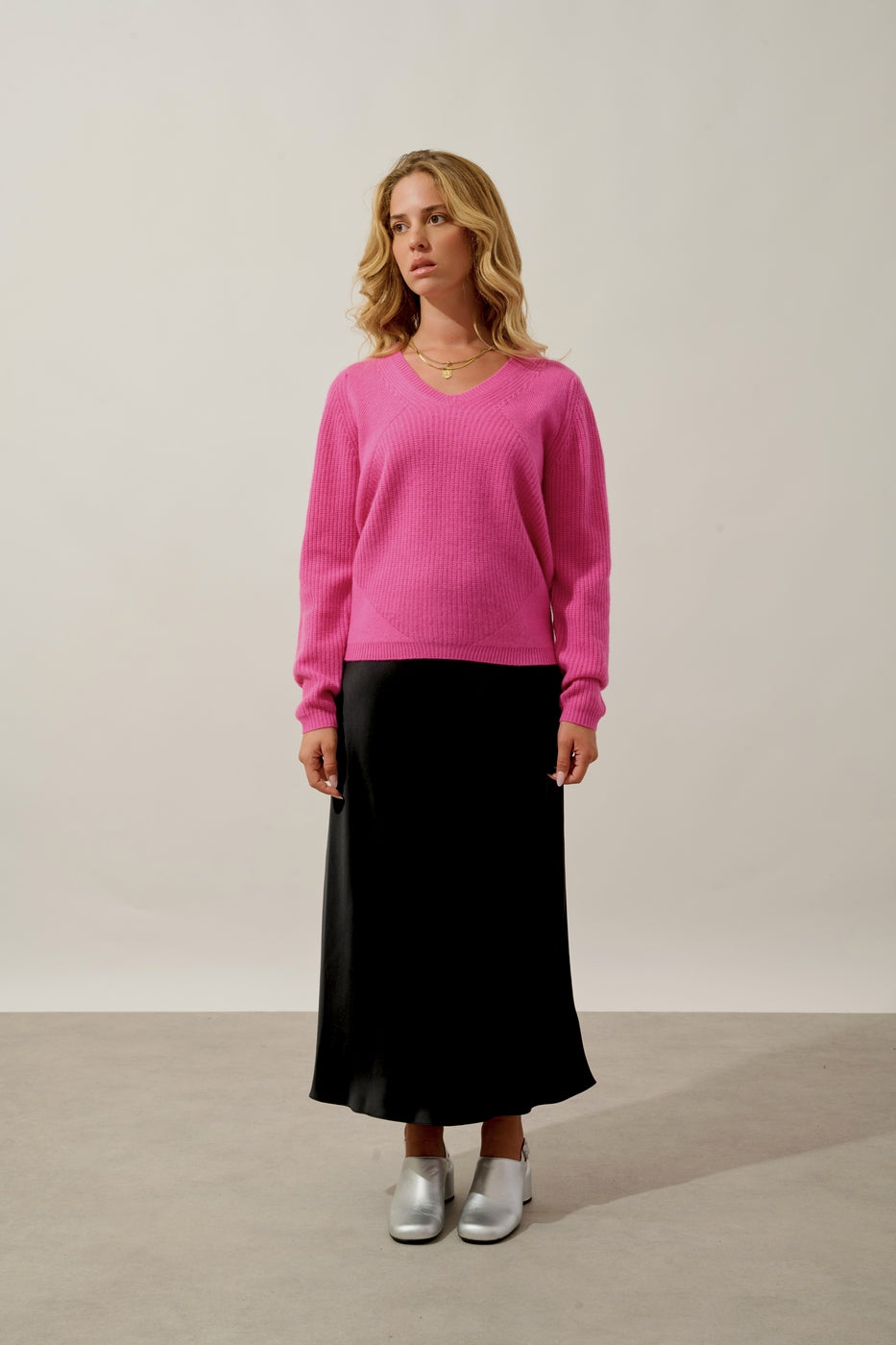 Pull Col V 4 Fils - Amrita - Rose
