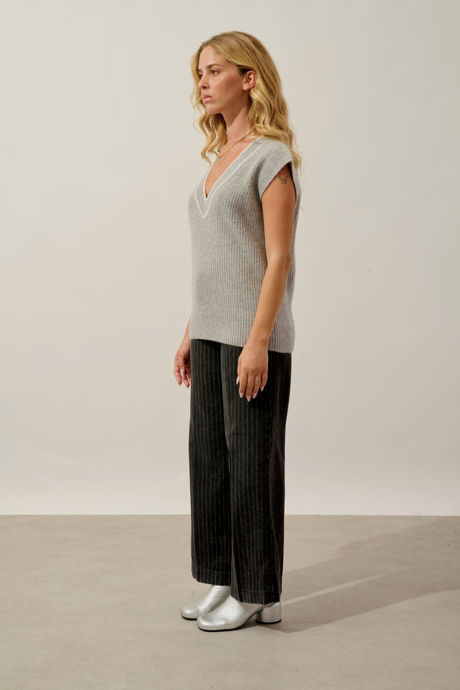 Pull Col V Sans Manches 4 Fils Bi-Color - Cami - Nuage Chiné_Ivoire
