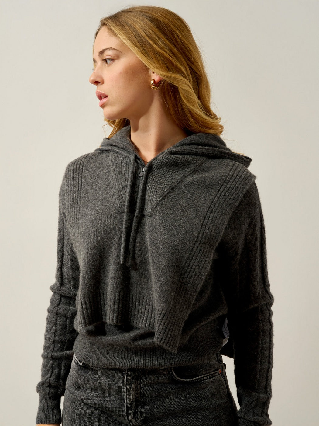 Poncho Ouvert Col Camionneur 4 Fils Elin - Anthracite Chiné