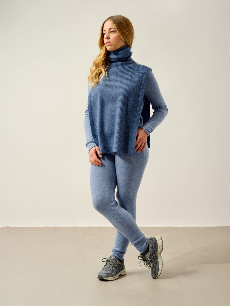 Poncho Ouvert Col Roulé 4 Fils Demi - Bleu Denim