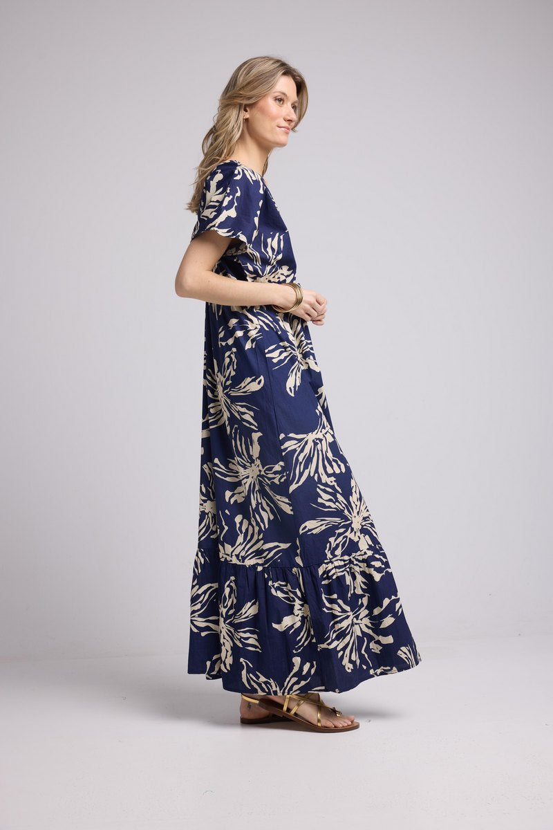 Robe Long Manches Courtes - Fleurs Navy