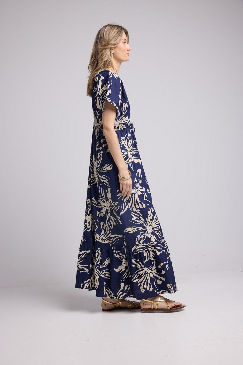 Robe Long Manches Courtes - Fleurs Navy