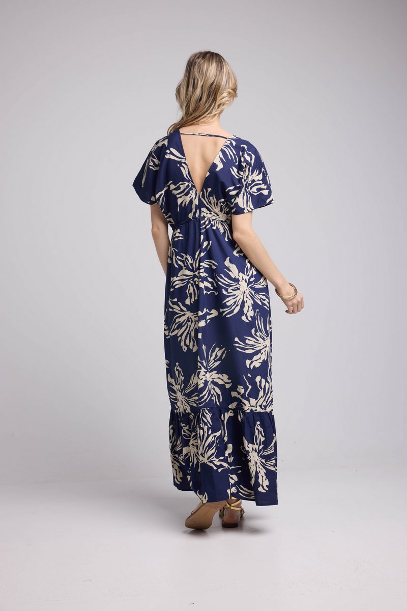 Robe Long Manches Courtes - Fleurs Navy