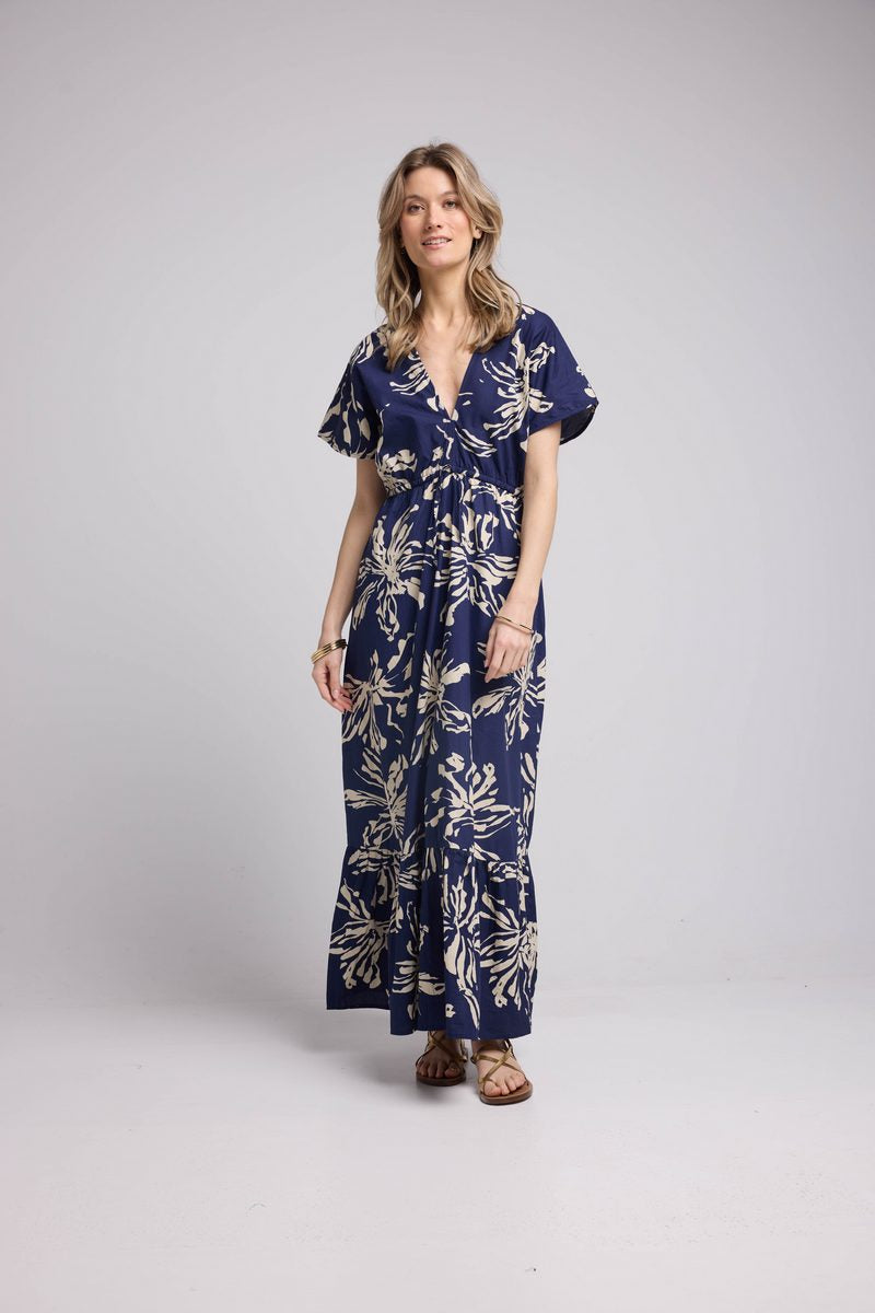 Robe Long Manches Courtes - Fleurs Navy