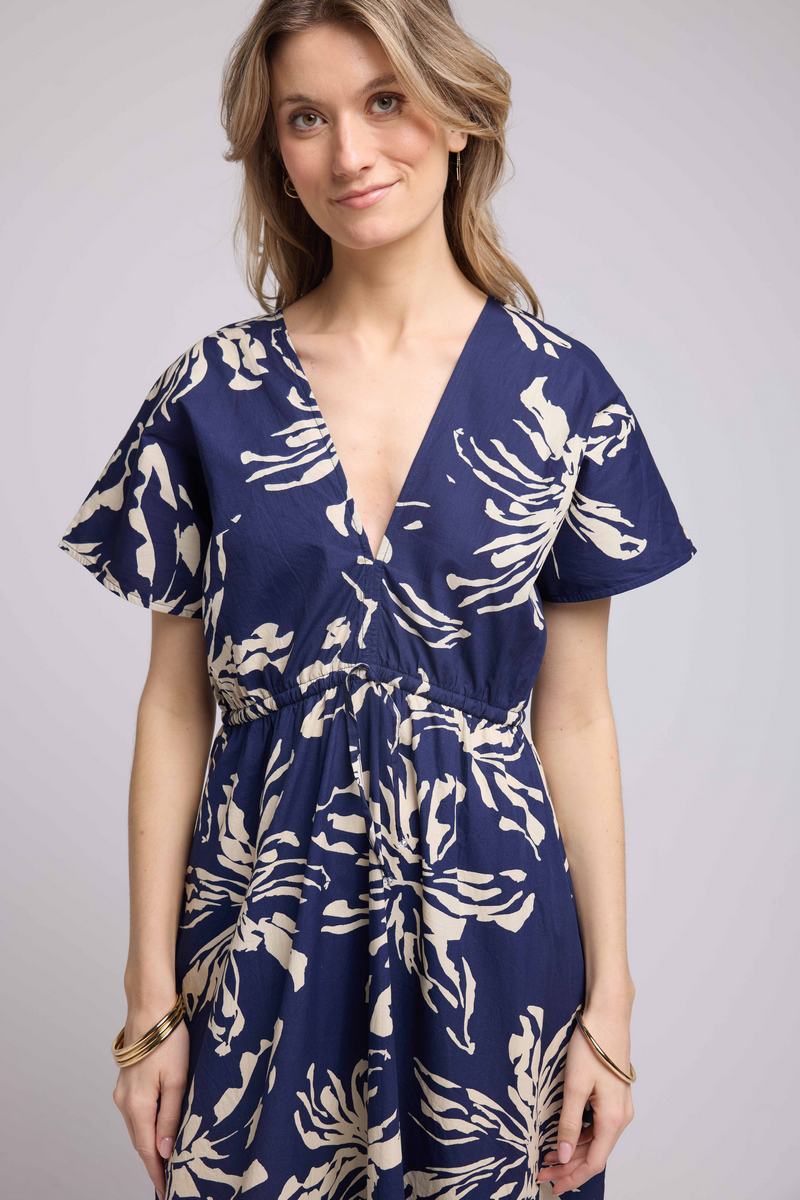 Robe Long Manches Courtes - Fleurs Navy