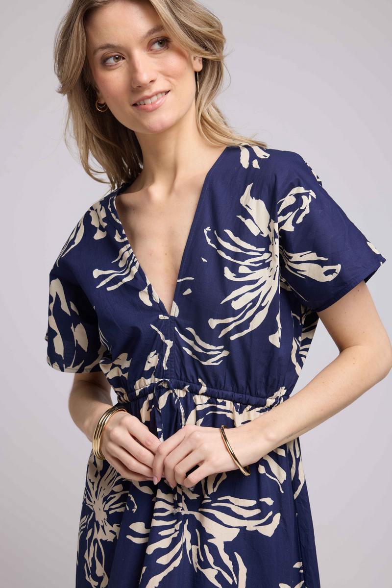 Robe Long Manches Courtes - Fleurs Navy