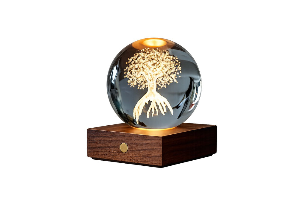 Gingko Design – Lampka Amber Crystal - Drzewo Życia, lampka nocna w kształcie szklanej kuli z podświetlanym drzewem