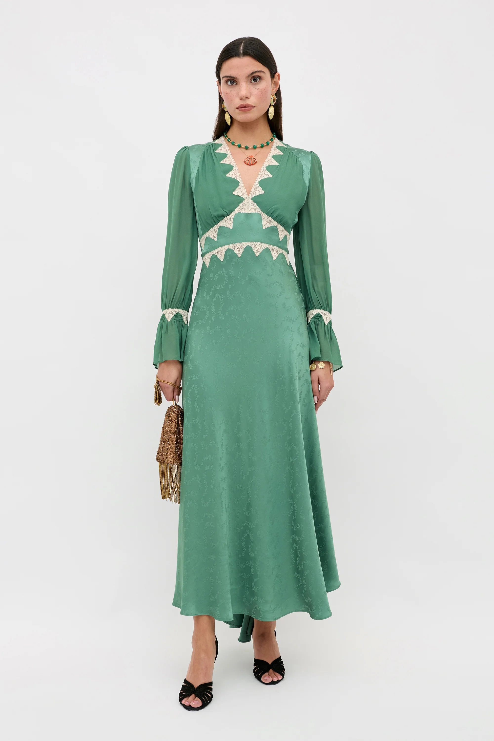 Arlena Floral Trail Jacquard Dress Sage Green