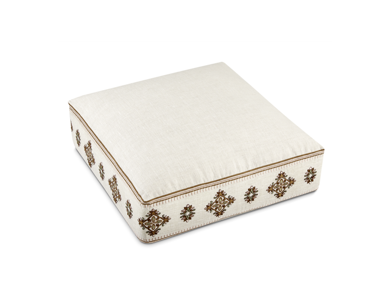 Floor Cushion - Natural Linen - Ogee Rose Petal Piping
