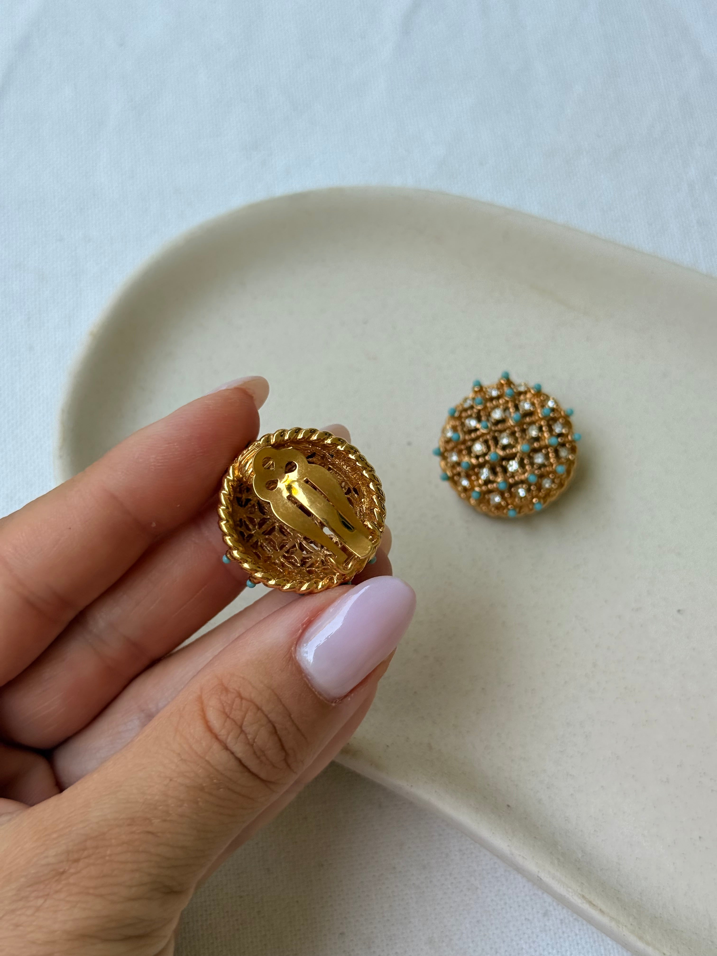 Boucles D’Oreilles Carven Vintage - Strass Et Cabochons Turquoises