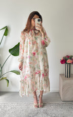 Riomaggiore Long Floral Dress - Ecru and Pink