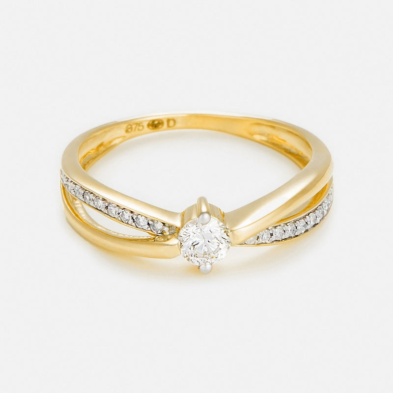 "Joli Solitaire" Ring with Diamonds 0.07/18 + 0.20/1 - 375/1000 Yellow Gold