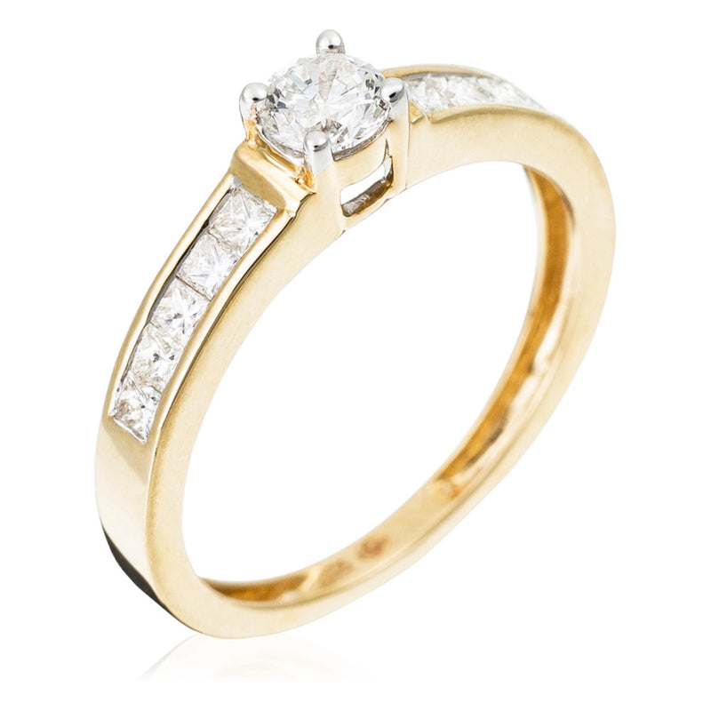Bague "Solitaire Tour Princesse" Diamants 0,25Ct/1 + 0,25Ct/10 - Or Jaune 375/1000