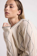 Pull Col Rond Torsades Et Surpiqures Barbara - Blanc Noir