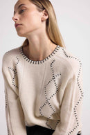 Pull Col Rond Torsades Et Surpiqures Barbara - Blanc Noir