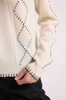 Pull Col Rond Torsades Et Surpiqures Barbara - Blanc Noir