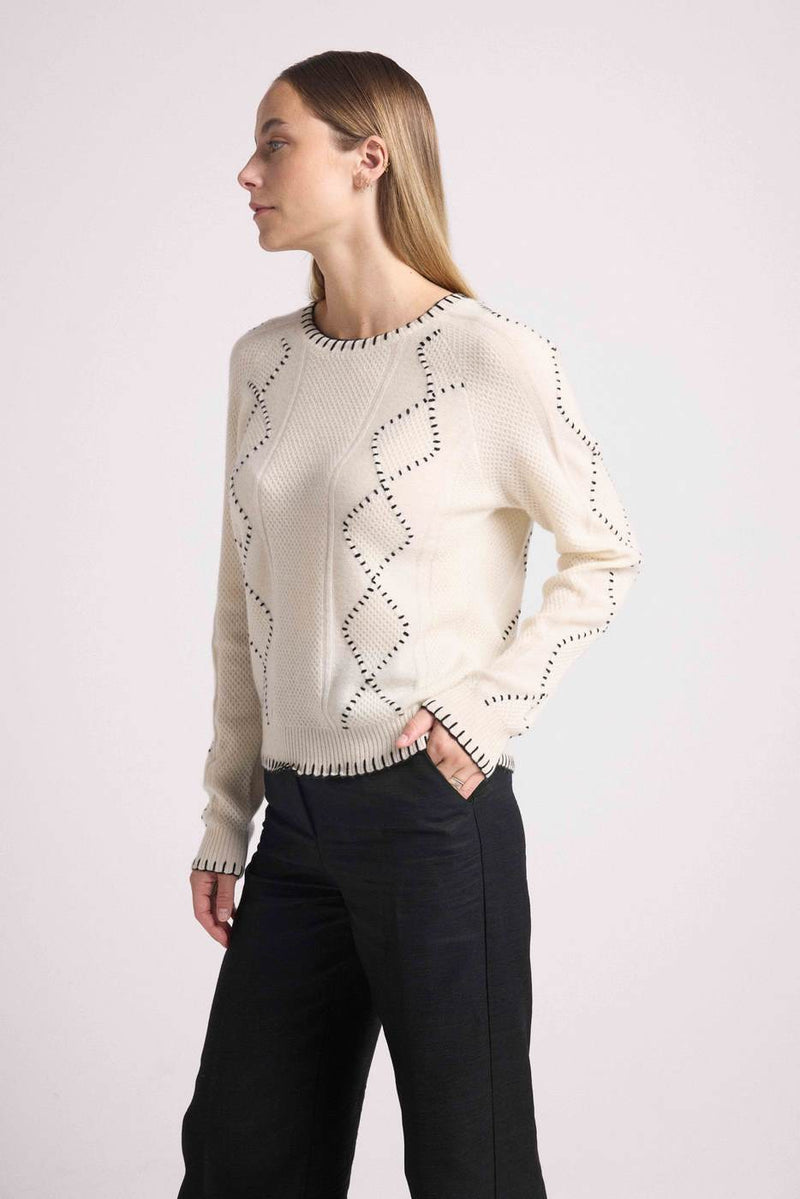 Blanc Barbara Crew Neck Sweater - Y Costura Negra - 100% Cachemira Oeko-Tex - Mujer