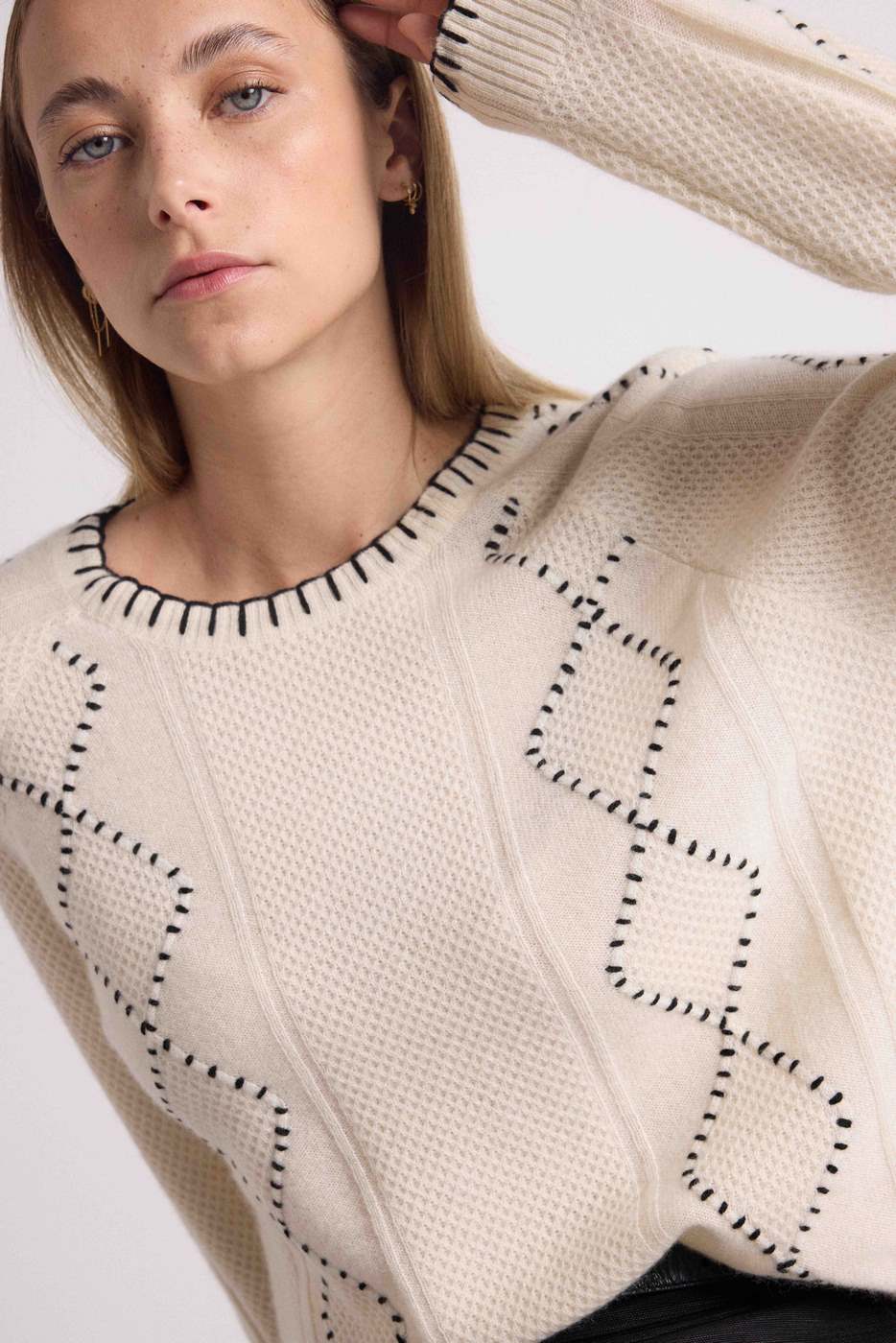 Barbara Cable Knit and Topstitching Round-Neck Jumper - Black White