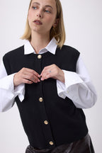 Oversized vest met ronde hals en gouden knopen mouwloos F Bari - Zwart - Dames
