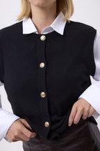 Oversized vest met ronde hals en gouden knopen mouwloos F Bari - Zwart - Dames