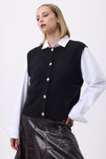 Oversized vest met ronde hals en gouden knopen mouwloos F Bari - Zwart - Dames