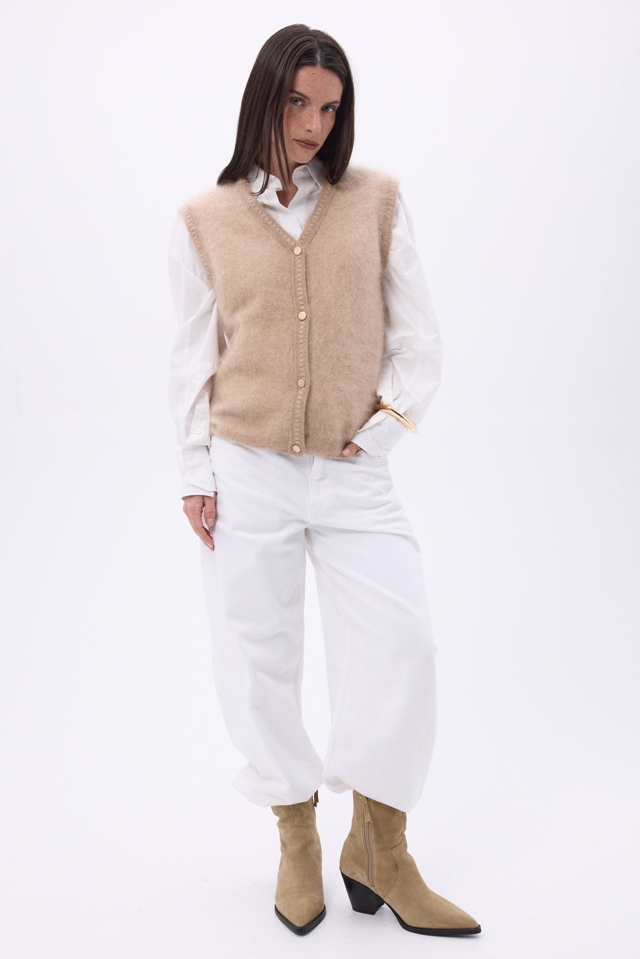 Gilet Sans Manches – Cachemire Brossé Bari - Beige - Femme