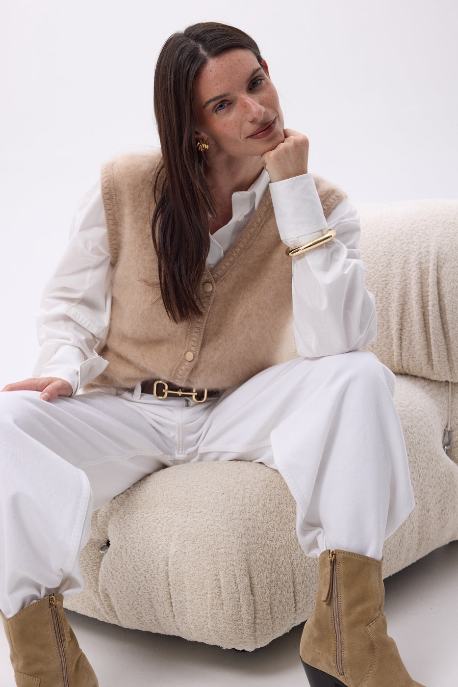 Gilet Sans Manches – Cachemire Brossé Bari - Beige - Femme