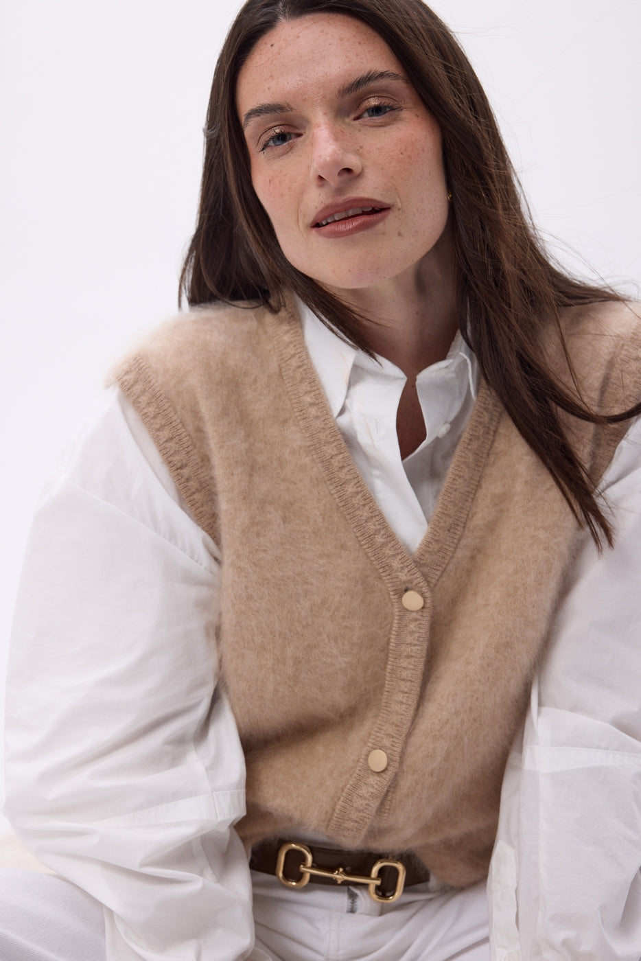 Gilet Sans Manches – Cachemire Brossé Bari - Beige - Femme