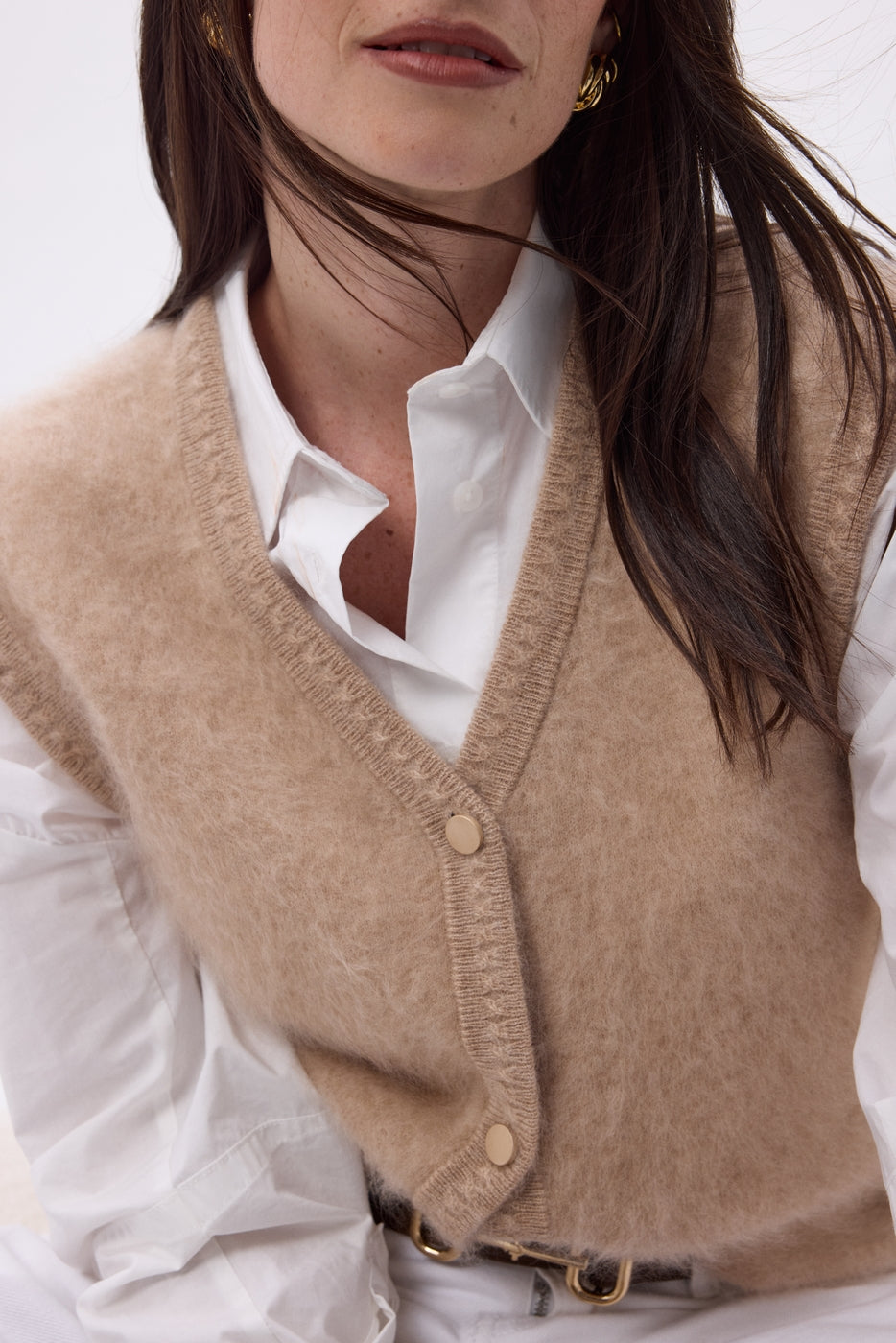 Gilet Sans Manches – Cachemire Brossé Bari - Beige - Femme