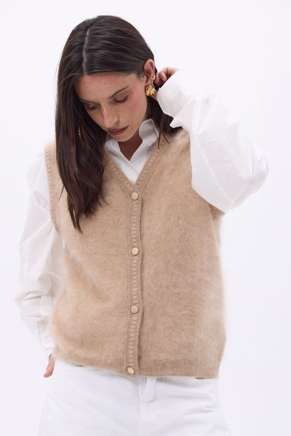 Gilet Sans Manches – Cachemire Brossé Bari - Beige - Femme