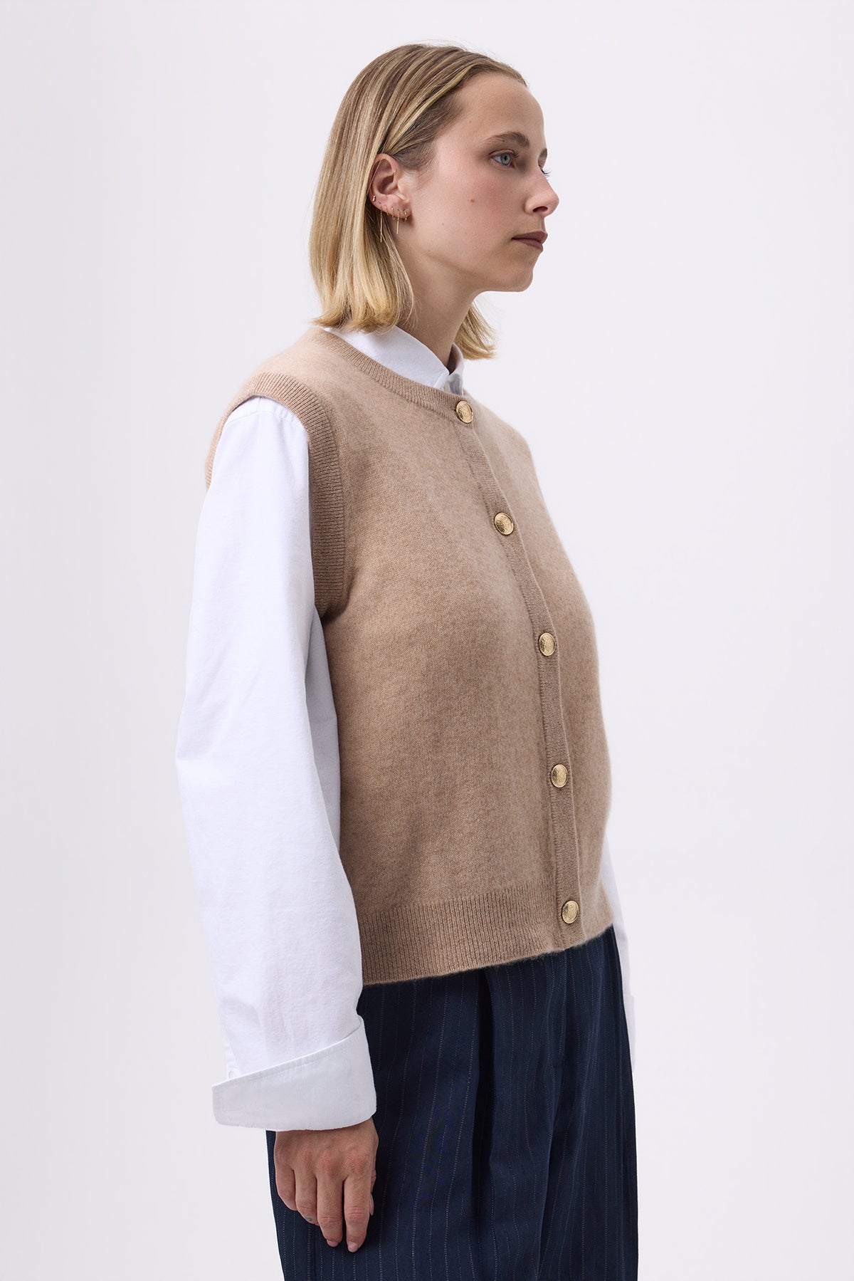 Gilet Col Rond Oversize Boutons Dorés Sans Hommeche F Bari - Beige Creme - Femme