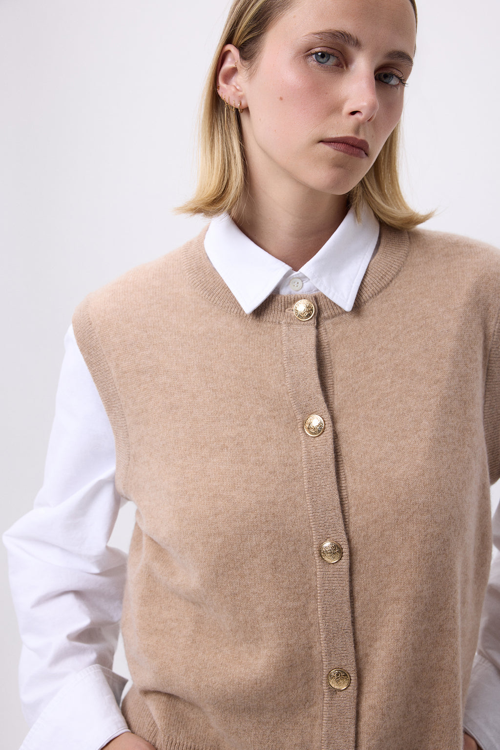 Gilet Col Rond Oversize Boutons Dorés Sans Hommeche F Bari - Beige Creme - Femme