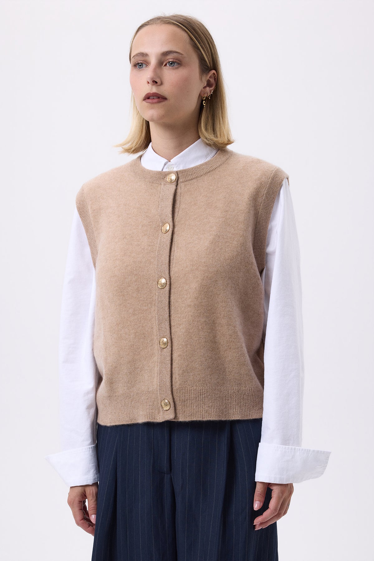 Gilet Col Rond Oversize Boutons Dorés Sans Hommeche F Bari - Beige Creme - Femme