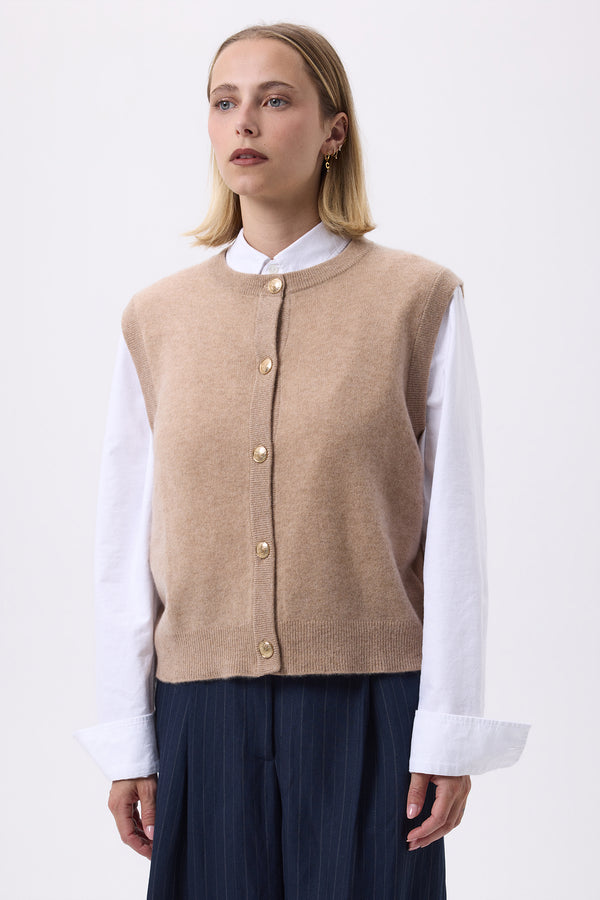 Gilet Col Rond Oversize Boutons Dorés Sans Hommeche F Bari - Beige Creme - Femme