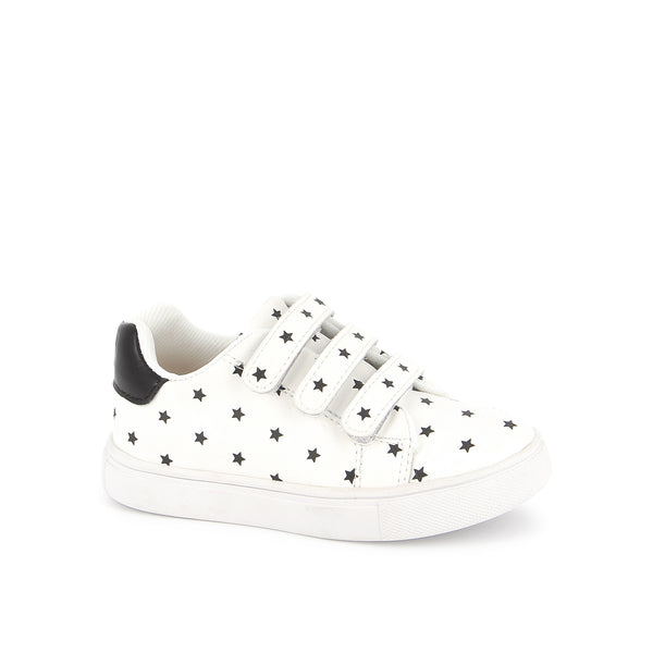 Pom d'Api – Bonton - Basil Scratch - Blanc Cassé/Noir, zapato infantil blanco con tiras adherentes y motivos de estrellas negras
