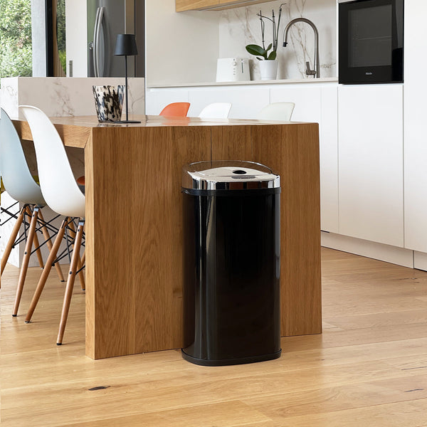 Cubo de basura de cocina automático 42L LARGO Negro brillante en acero INOX con aro