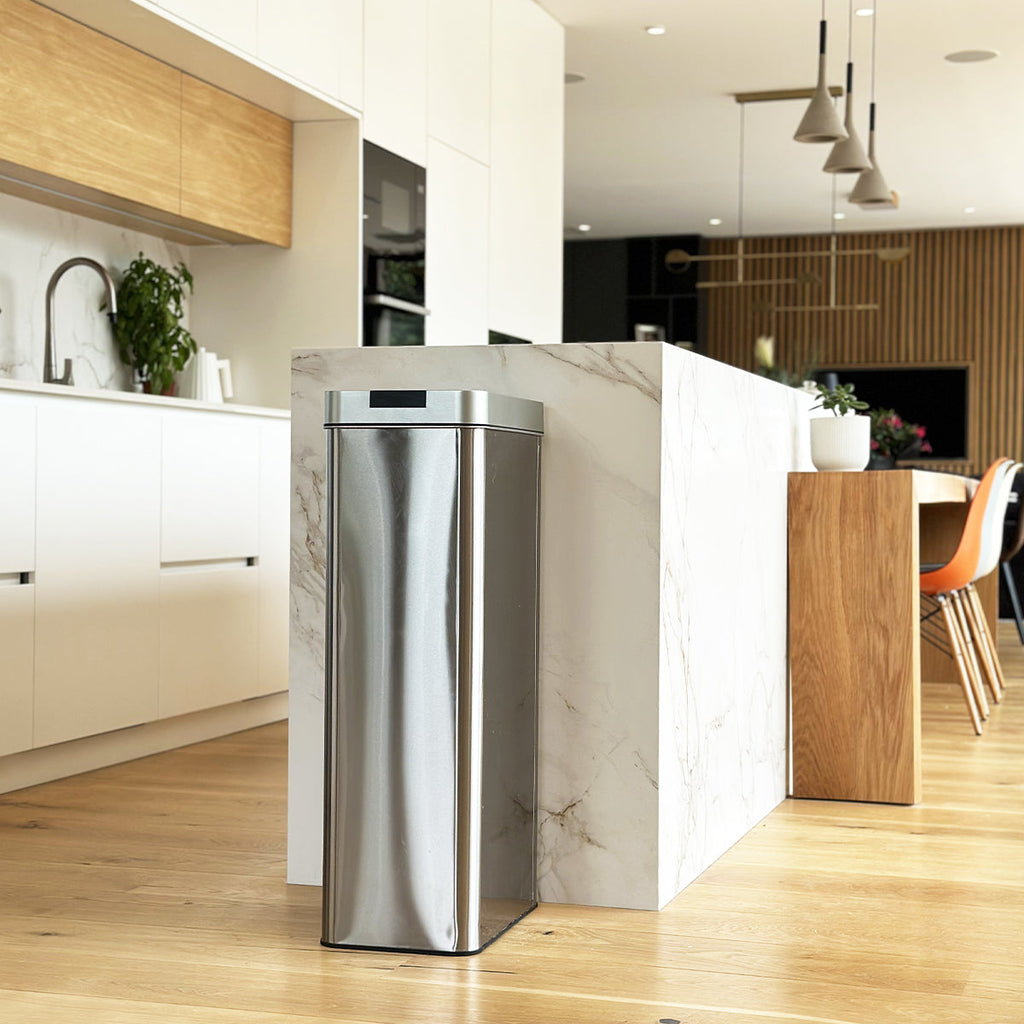 SILVERLAKE 90L automatic kitchen trash can in stainless steel with strapping Large capacity butterfly opening