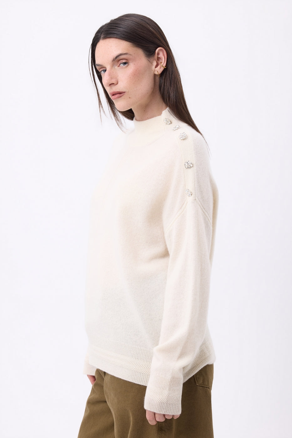 Jersey de cuello alto con joyas Baya - Blanco-botones plateados - Mujer