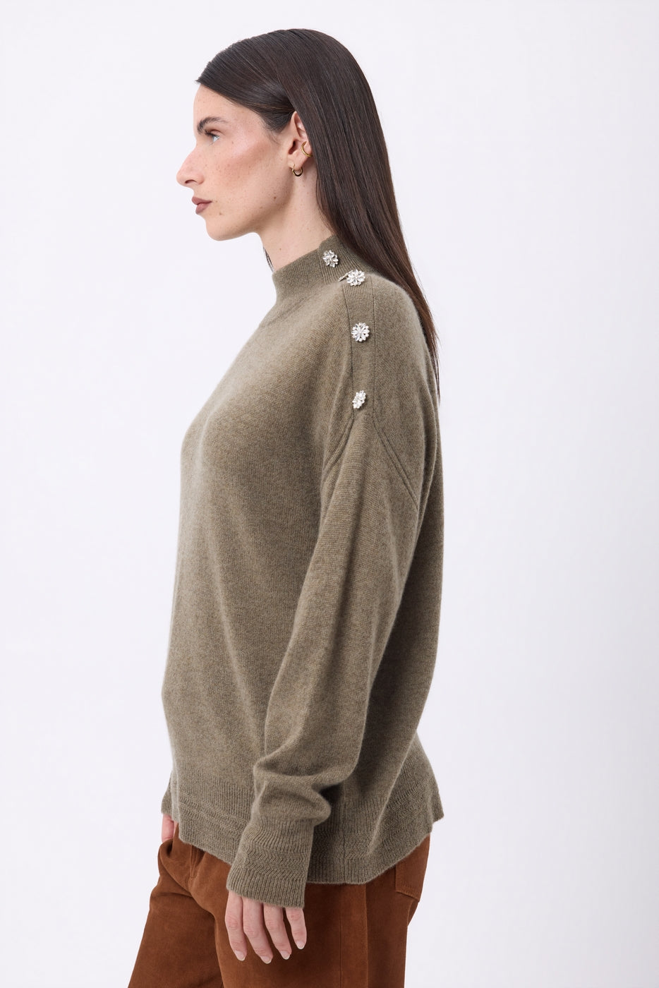 Jewelled High Neck Jumper Baya - Heather Khaki-Silver Buttons - Women