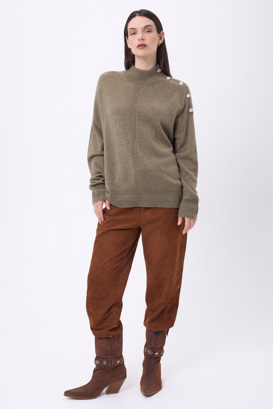 Jewelled High Neck Jumper Baya - Heather Khaki-Silver Buttons - Women