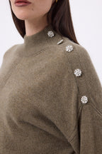 Jewelled High Neck Jumper Baya - Heather Khaki-Silver Buttons - Women