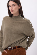 Jewelled High Neck Jumper Baya - Heather Khaki-Silver Buttons - Women