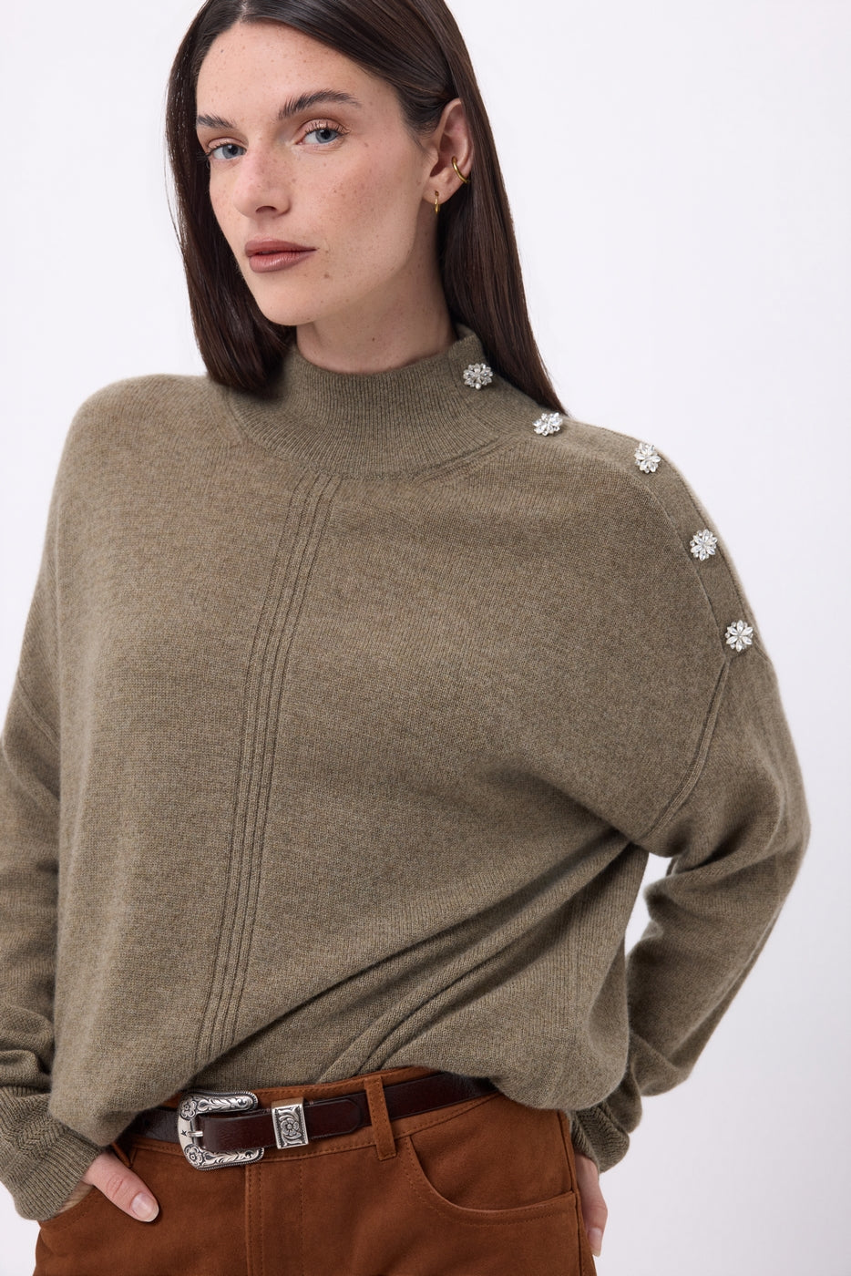 Jewelled High Neck Jumper Baya - Heather Khaki-Silver Buttons - Women